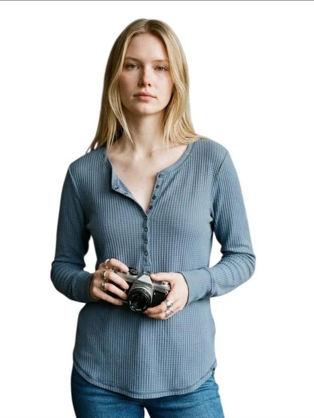 Seven7 Women's Super-Soft Relaxed Fit Long Sleeve Snap Waffle Henley-Med#003